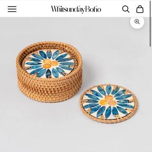 EUC Whitsunday Boho Sunburst Rattan Coaster Set and Holder (6 Coasters)